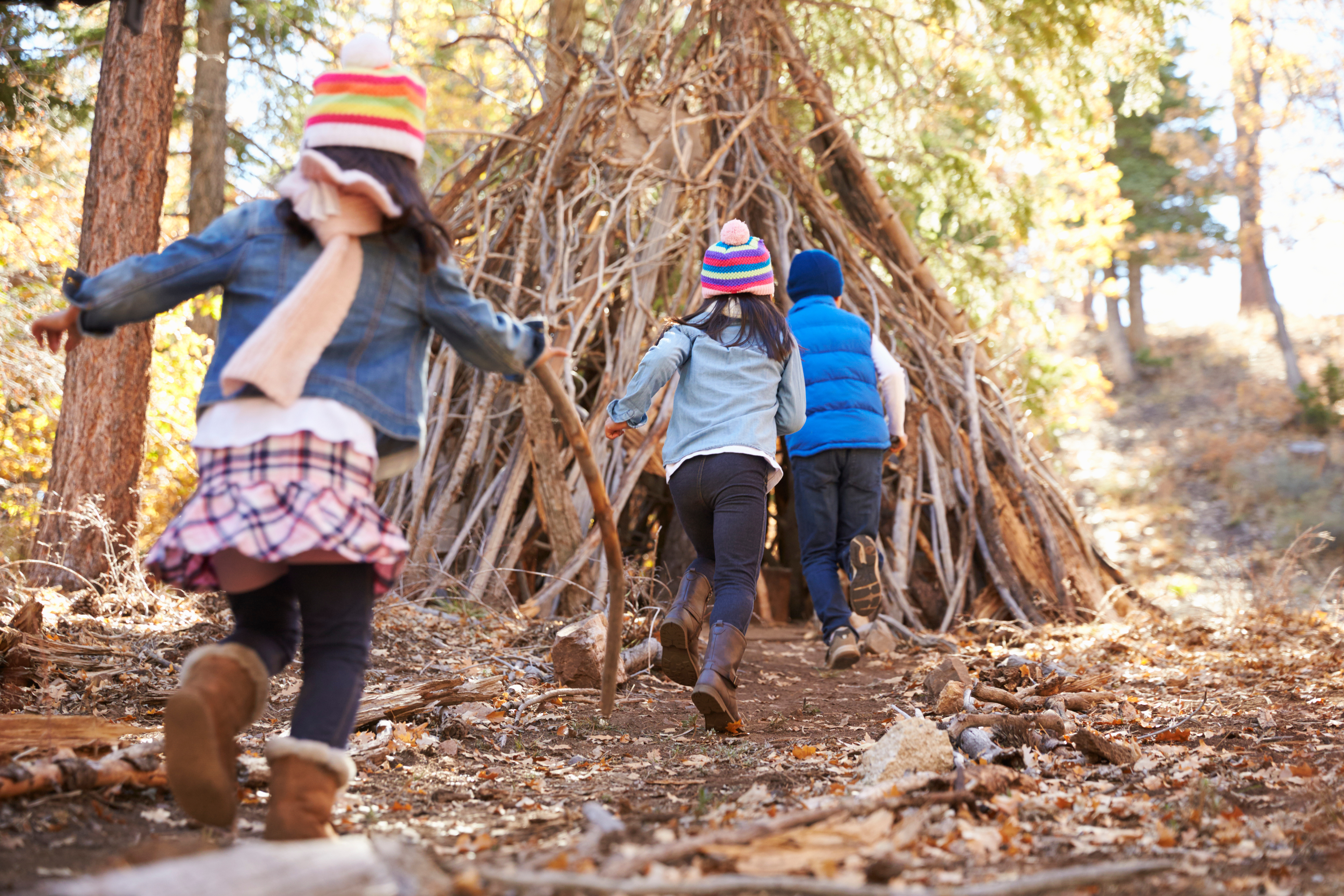 Kids run towards nature fort made of sticks and logs. 