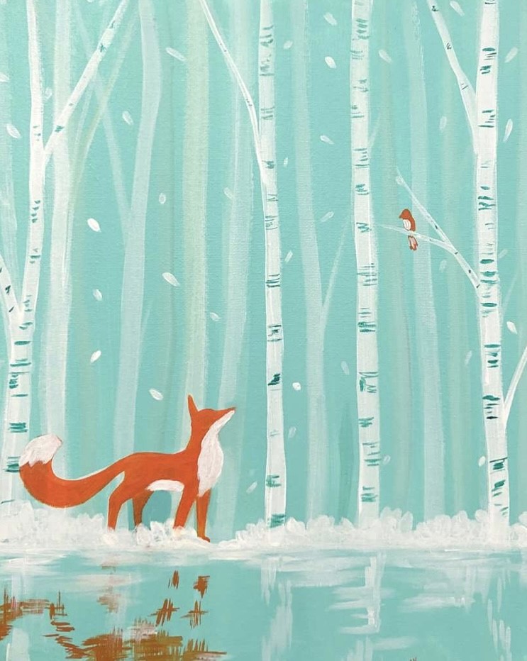 fox in birch tree forest