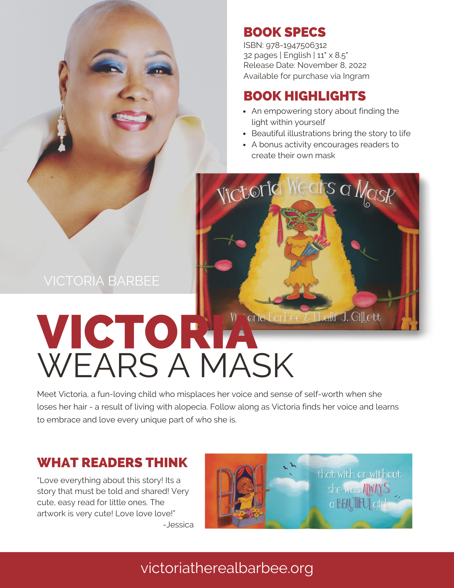 Author Media sheet featuring book information, a picture of the author, and the book cover for Victoria Wears a Mask. 