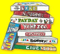 Illustration of a stack of classic board games like Monopoly, Clue, and Jenga