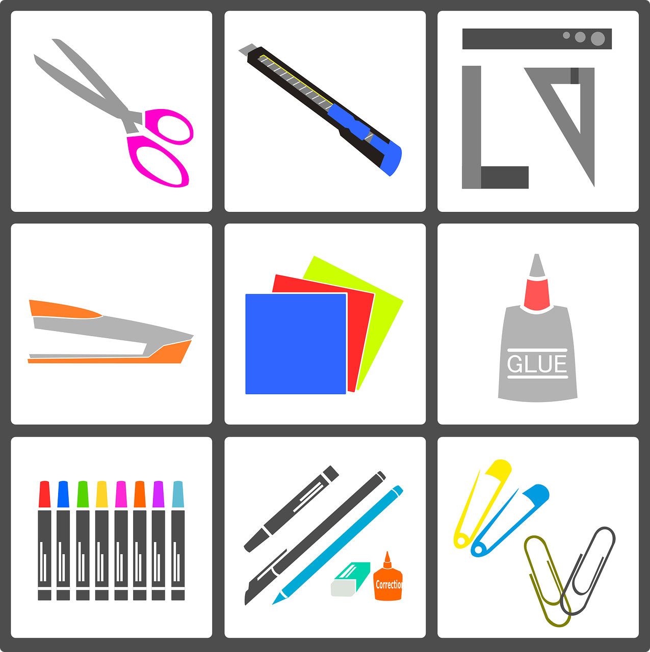 Graphic of various crafting supplies such as scissors, glue, markers, paper, and stapler