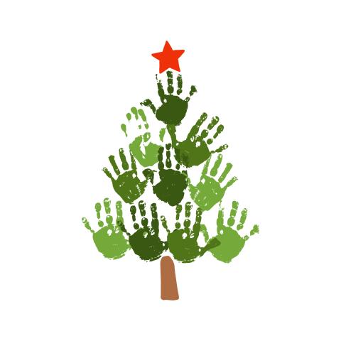 A Christmas tree with light and dark green handprints. 