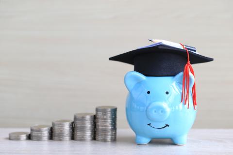 coins with a piggy bank wearing a graduation cap