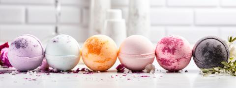 bath bombs on a white counter