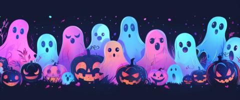 glowing neon ghosts and pumpkins