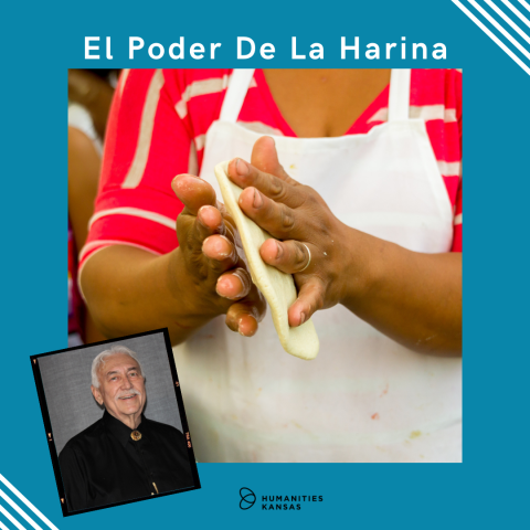 Large photo shows hands forming a flower tortilla. Smaller photo is of the presenter, Gene Chavez.