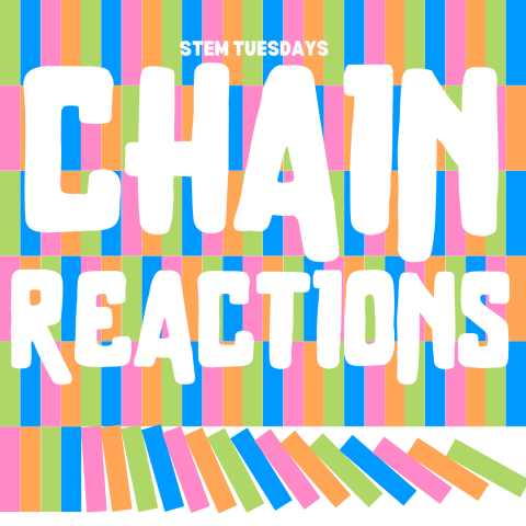 Text Chain Reaction with a background of multicolored dominos that look like they have started to fall.