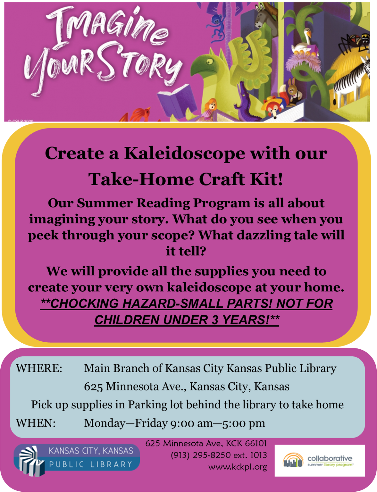 Create a kaleidoscope with our Take-Home Craft Kit! We will provide all the supplies you need to create your very own Kaleidoscope at your home. Starting 6/22/20 through 6/26/20 between 9am and 2pm at the Main Branch Location pick the craft up via curbside while supplies last. 