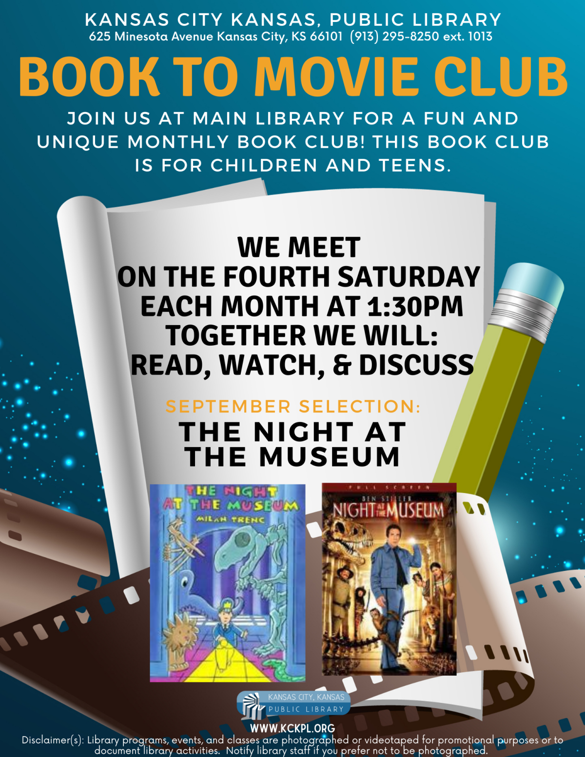 Book to movie club flyer for Main Library. 