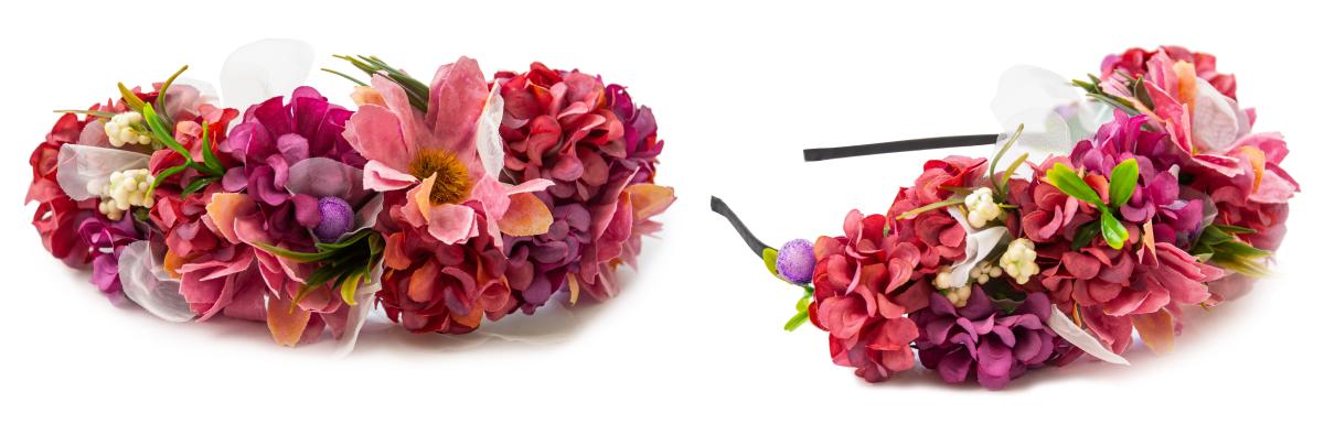 headband with red, pink and purple flowers again a white background. 